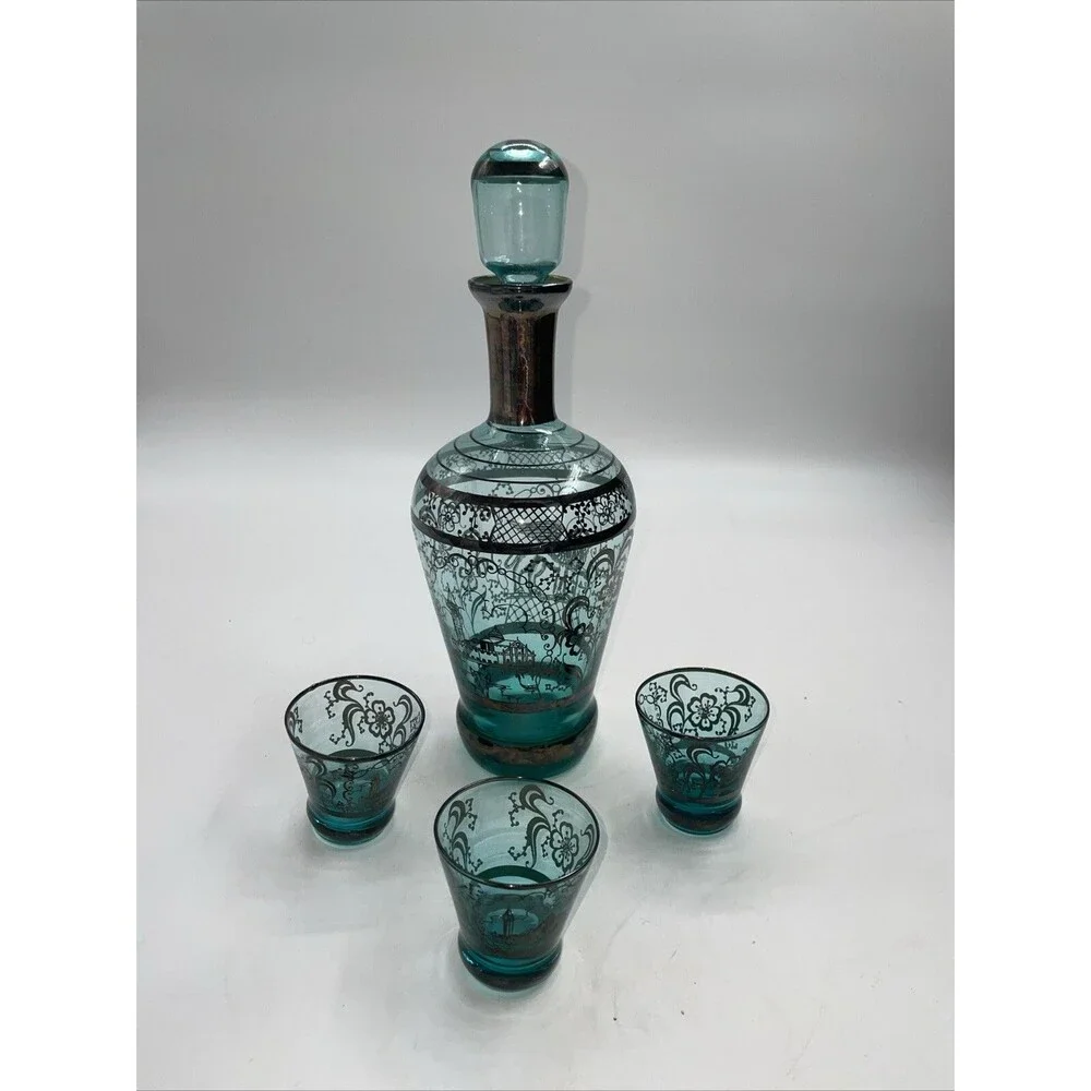 VINTAGE Art Deco Venetian Hand Blown Silver Overlay Glass Decanter 3 Cordials